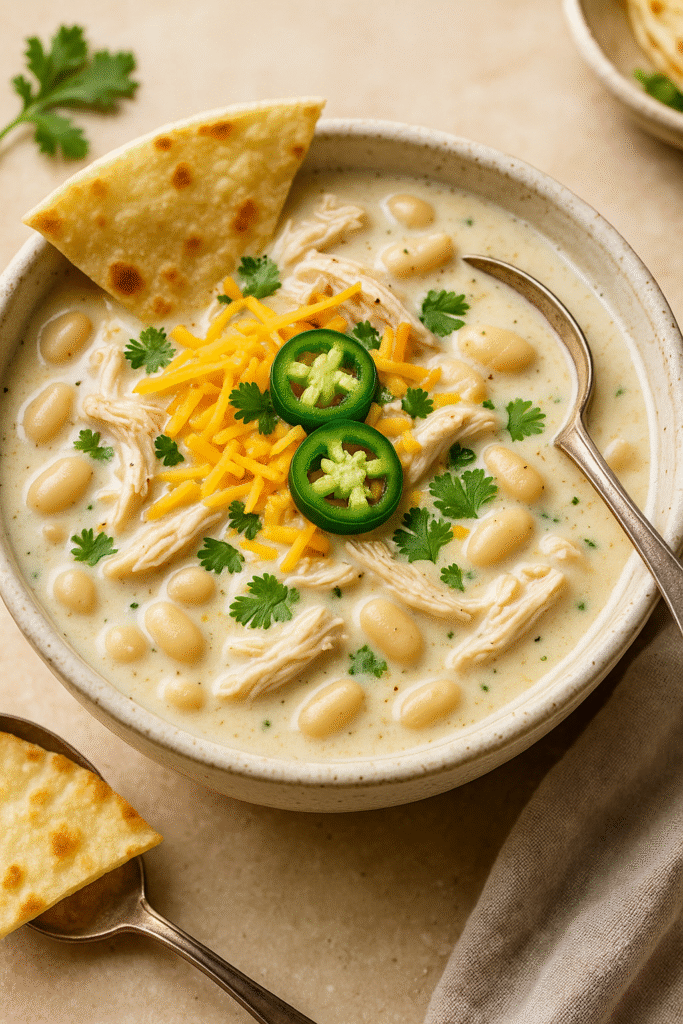 Bowl of creamy white chicken chili topped with cilantro, cheese, and jalapeños