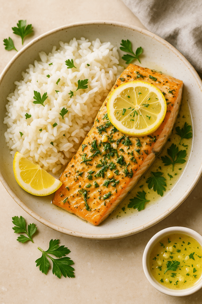 Juicy lemon herb salmon on a plate with buttery rice and fresh herbs