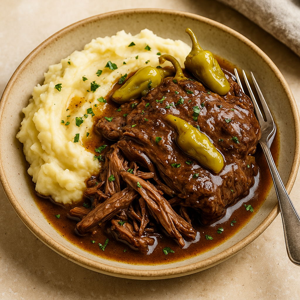 Mississippi pot roast served with gravy and garlic mash potatoes.