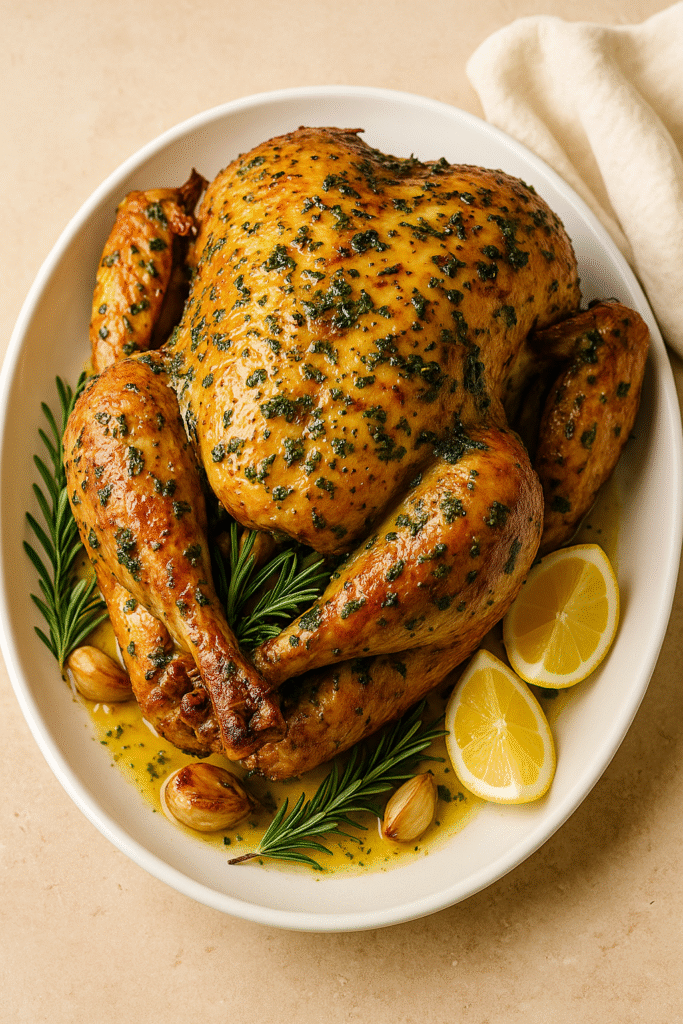 Golden herb-roasted Turkey with crispy skin and fresh herbs on a platter.