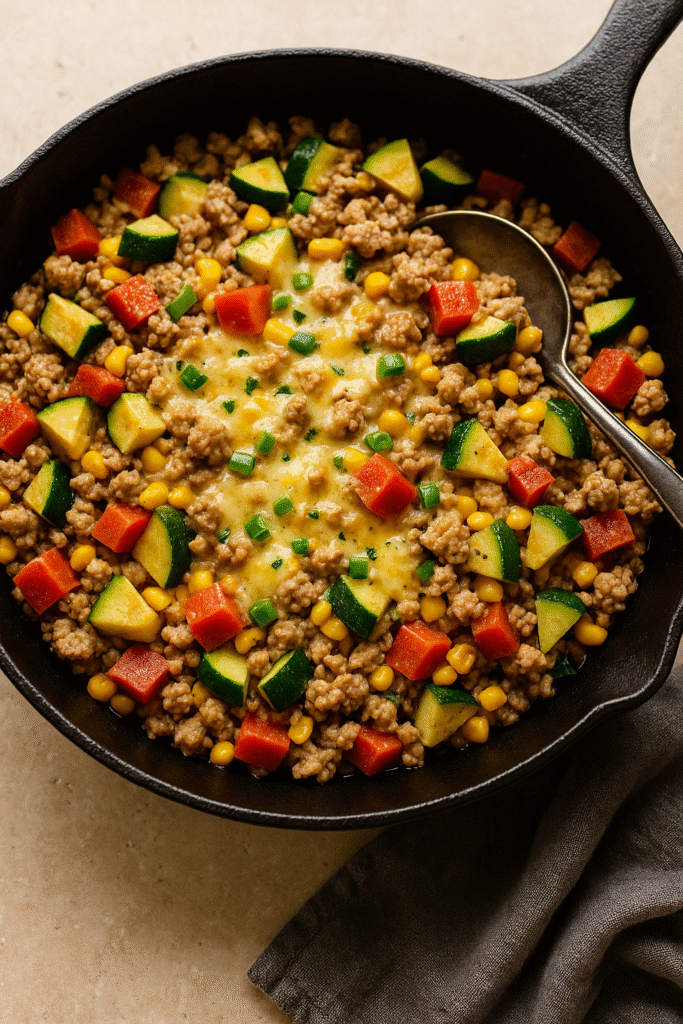 Ground turkey skillet dinner with vegetables, herbs, and melted cheese in a cast iron pan.