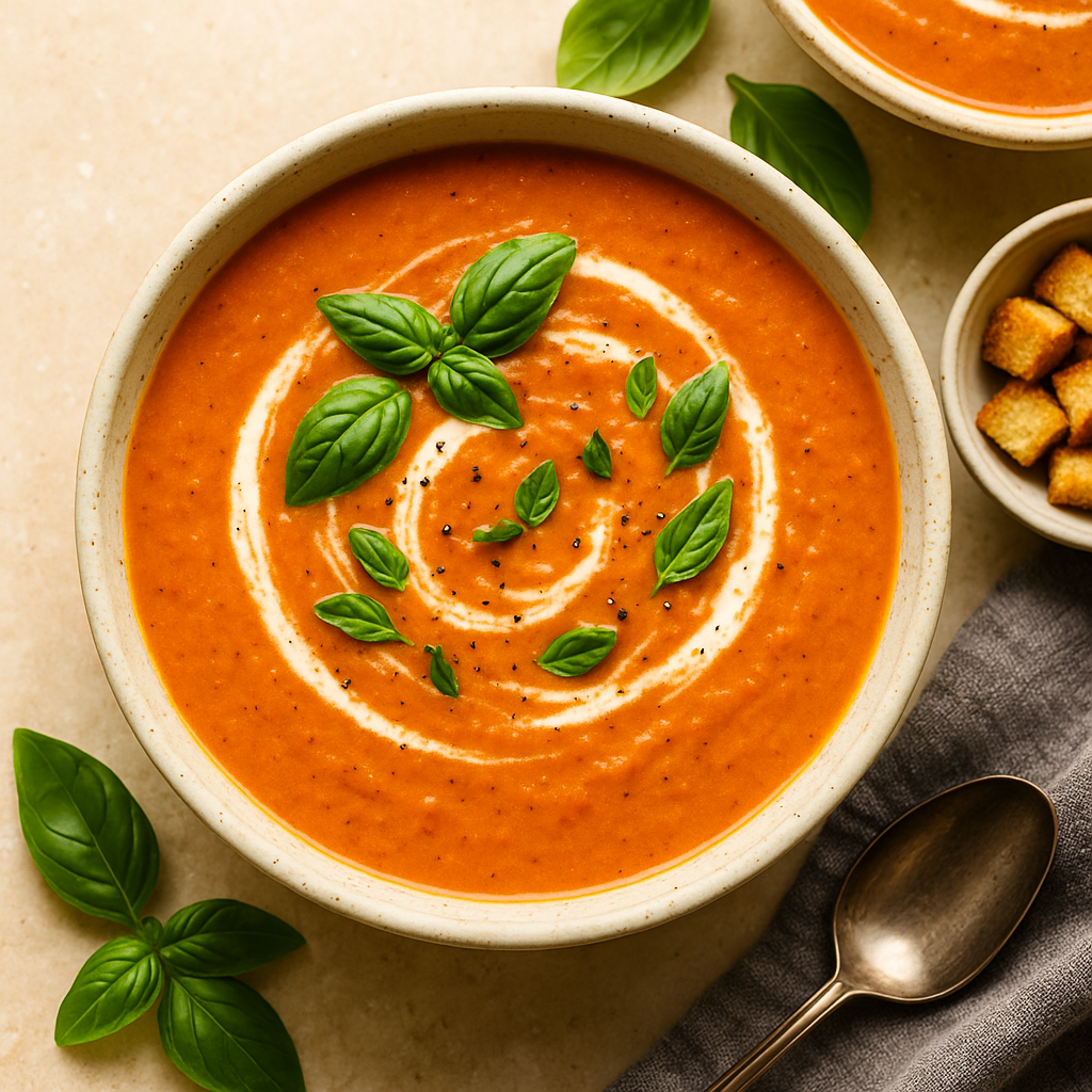 Bowl of creamy tomato Basil soup topped with cream swirl and fresh basil leaves.