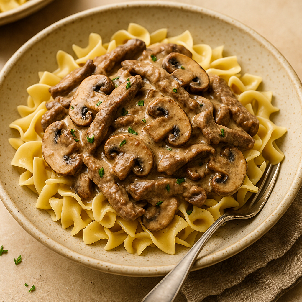 Creamy beef stroganoff served over egg noodles with mushrooms and parsley.