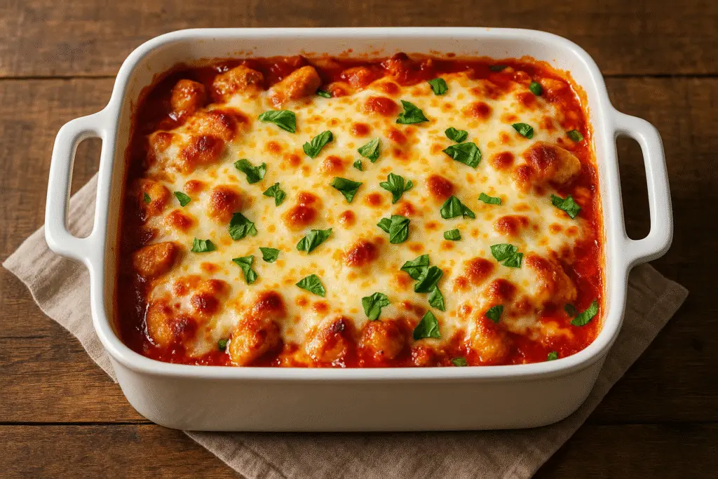 A chicken Parmesan casserole topped with melted mozzarella and herbs, baked in a white dish on a rustic wooden table.