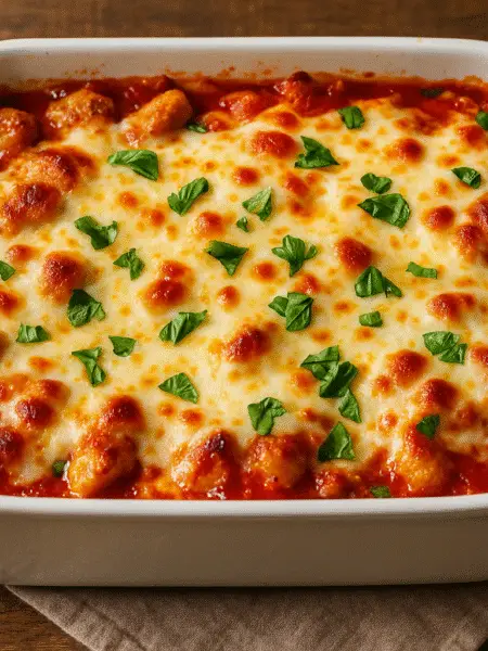 A chicken Parmesan casserole topped with melted mozzarella and herbs, baked in a white dish on a rustic wooden table.