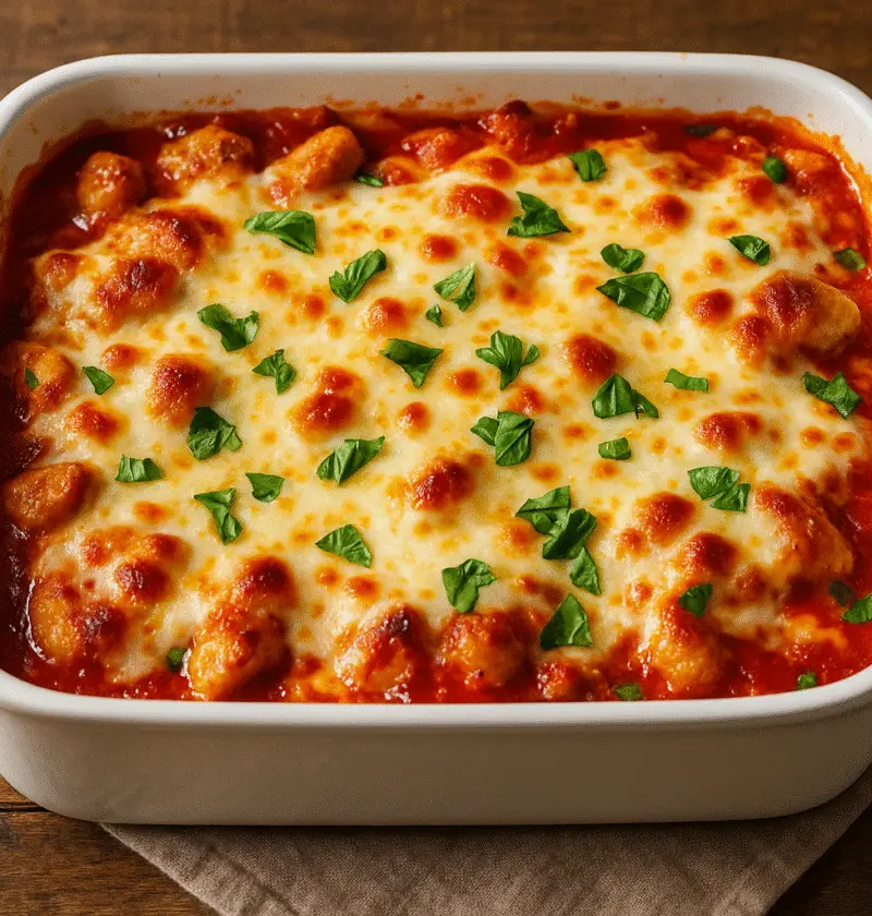 A chicken Parmesan casserole topped with melted mozzarella and herbs, baked in a white dish on a rustic wooden table.