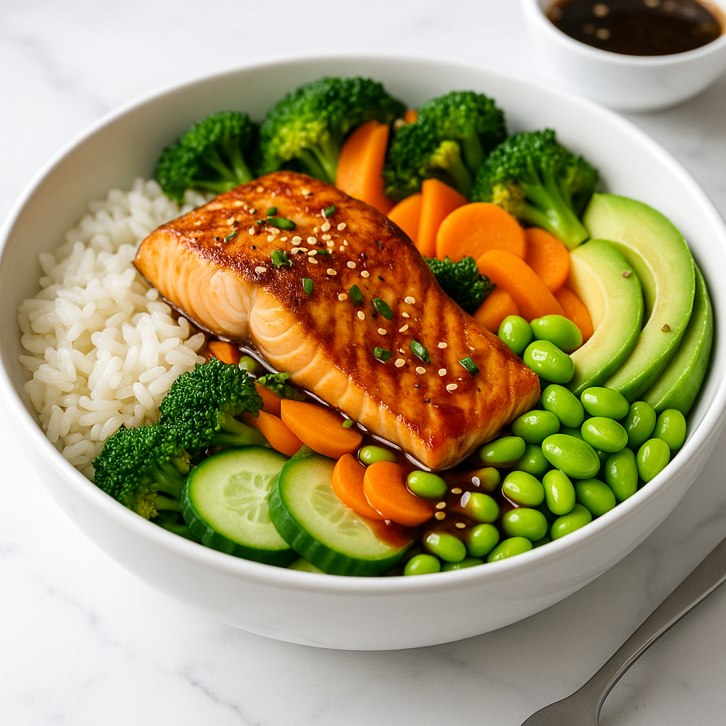 Colorful salmon rice bowl with glazed salmon, fresh vegetables, avocado slices, and edamame.”