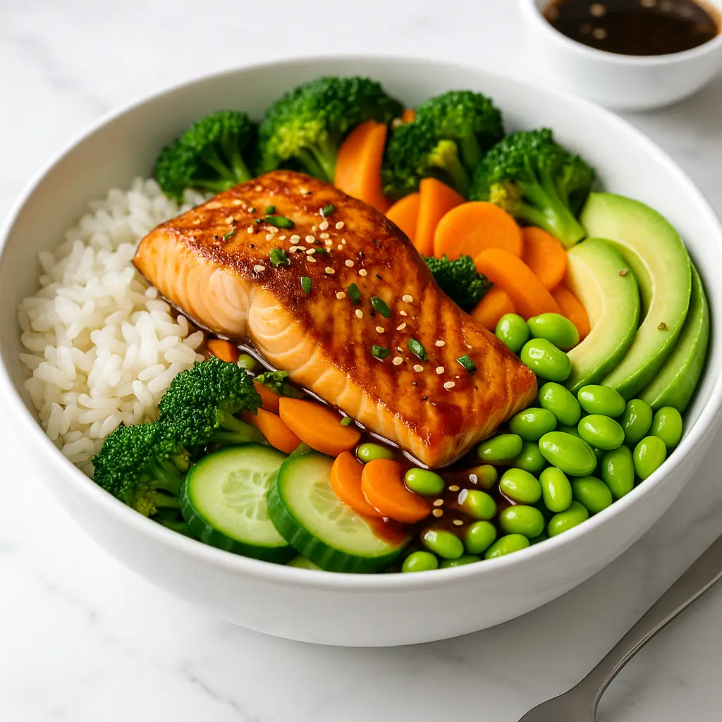 Colorful salmon rice bowl with glazed salmon, fresh vegetables, avocado slices, and edamame.”