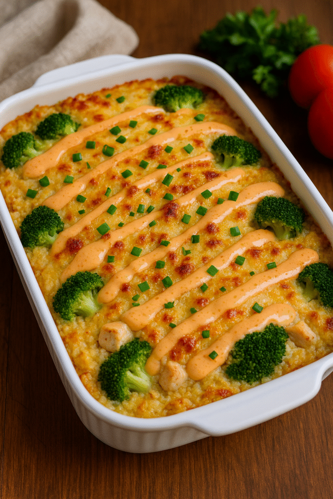 Creamy Bang Bang Chicken Casserole topped with melted cheese, fresh broccoli, and drizzled spicy sauce in a white baking dish.