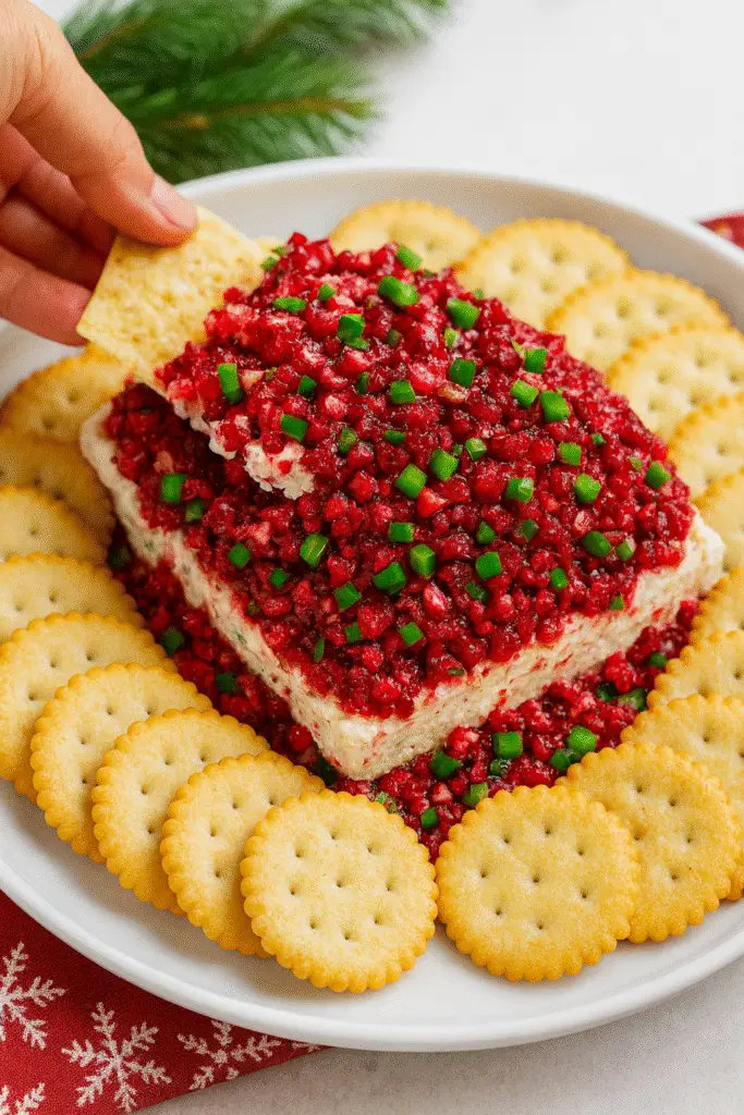 Cranberry Jalapeño Dip with fresh cranberries, diced jalapeños, and creamy cheese spread in a serving dish.