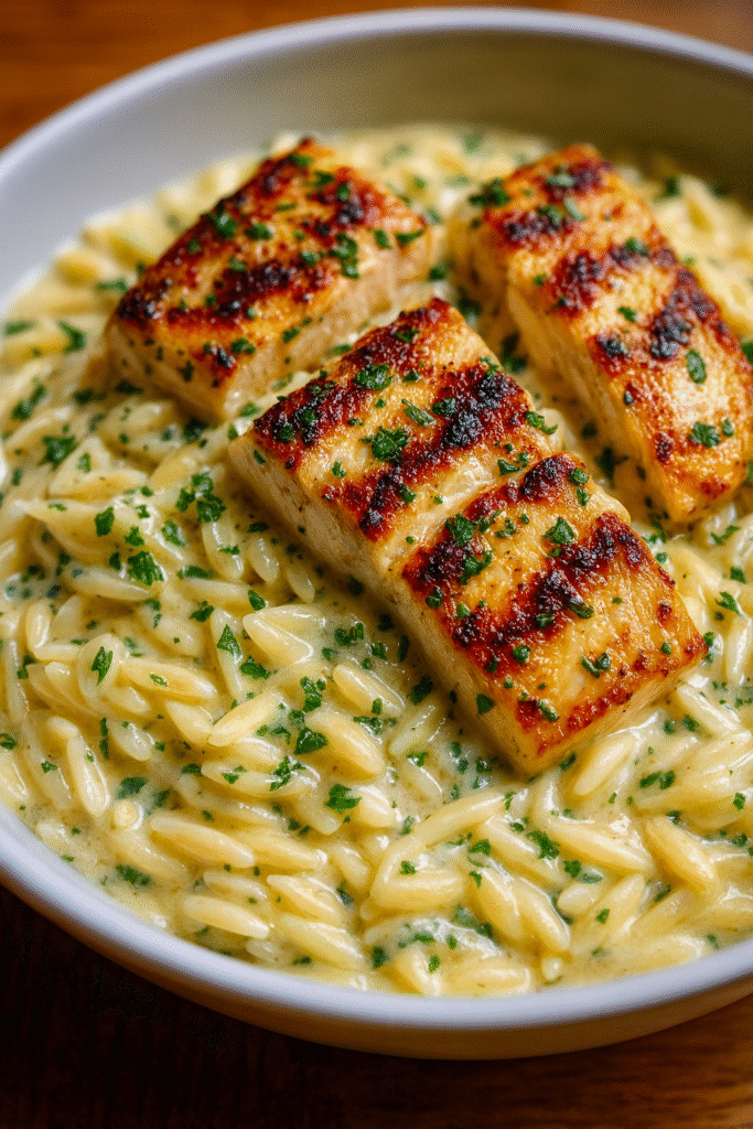 Creamy lemon orzo chicken topped with golden seared chicken pieces and fresh herbs in a bowl.