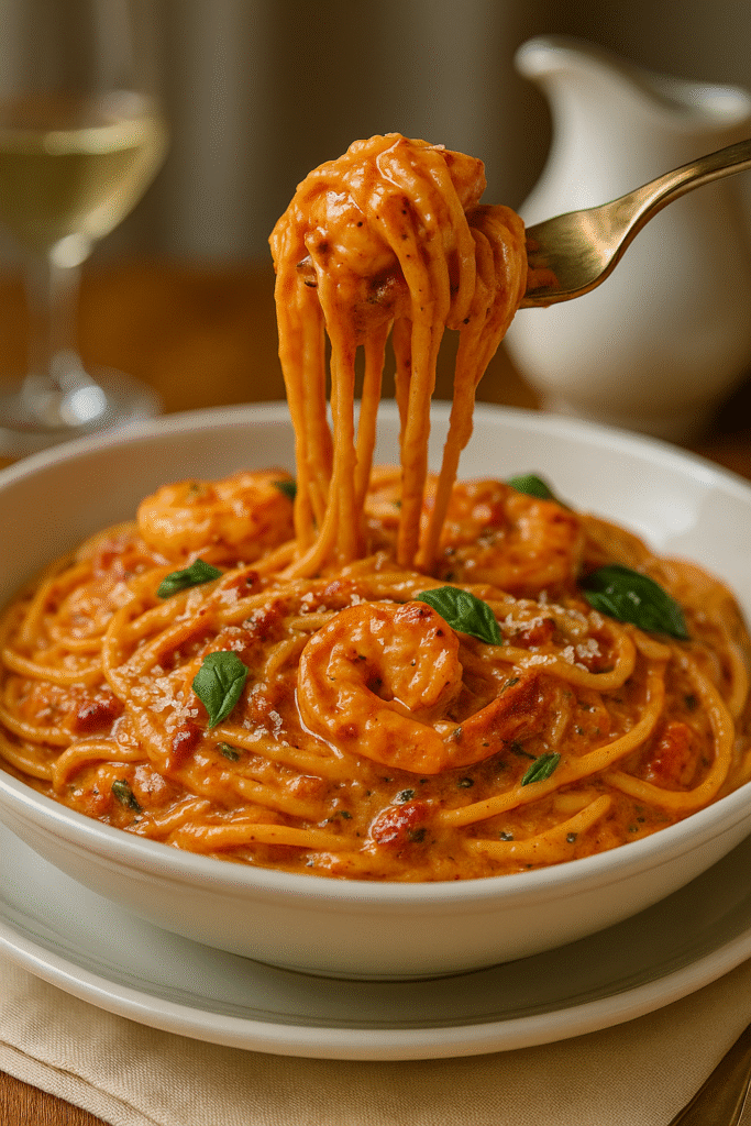 Close-up of creamy shrimp pasta with sun-dried tomatoes and Parmesan sauce.