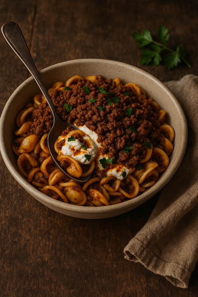 Turkish pasta with yogurt and ground beef topped with paprika butter and fresh parsley