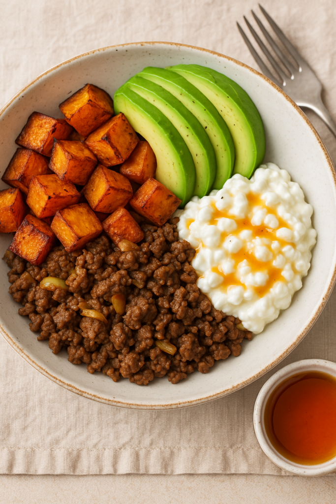 Hot honey cottage cheese sweet potato beef bowl with roasted sweet potatoes, seasoned ground beef, avocado, and hot honey drizzle